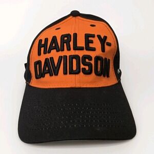 Harley-Davidson Motorcycle Block Letter Cap Hat Men's Black Orange Embroidered